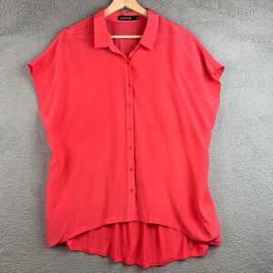 Trouve Womens Silk Front Rayon Back Short Sleeve High Low Blouse Coral Pink L
